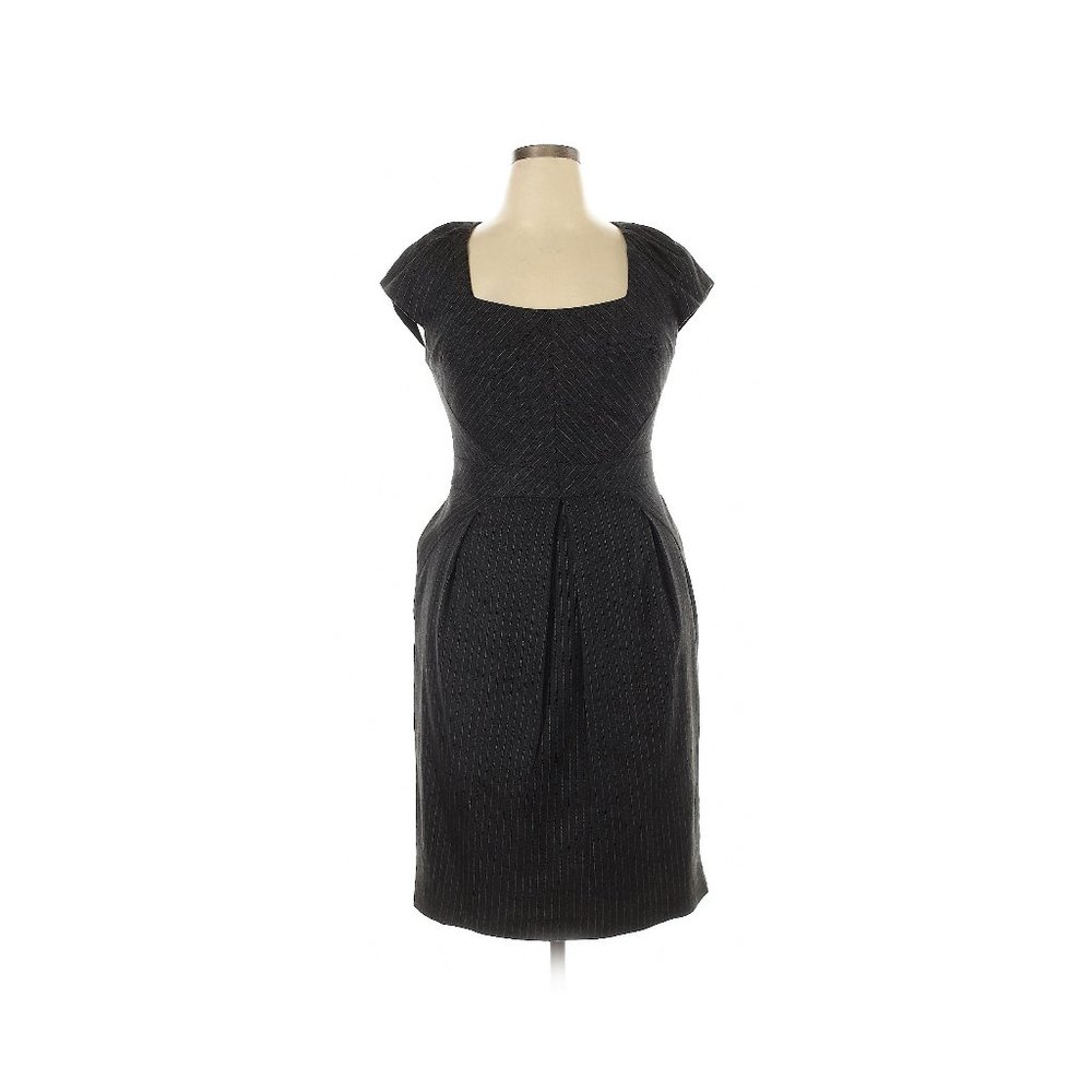 Kay Unger Black Pinstripe Knee-Length Pleated Dress